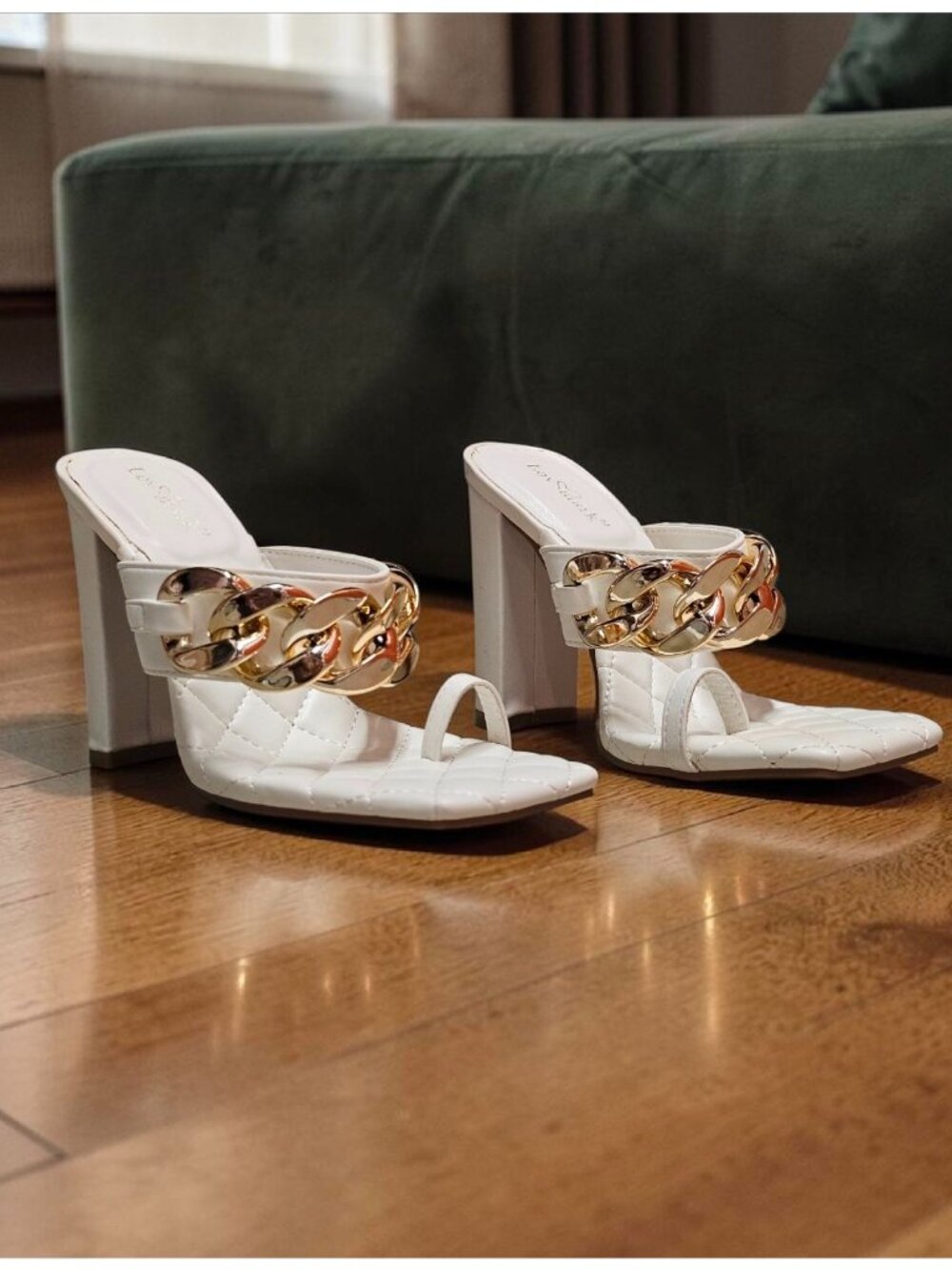 Quilted Chain-Embellished High Heel White Sandals With Square Toe Design